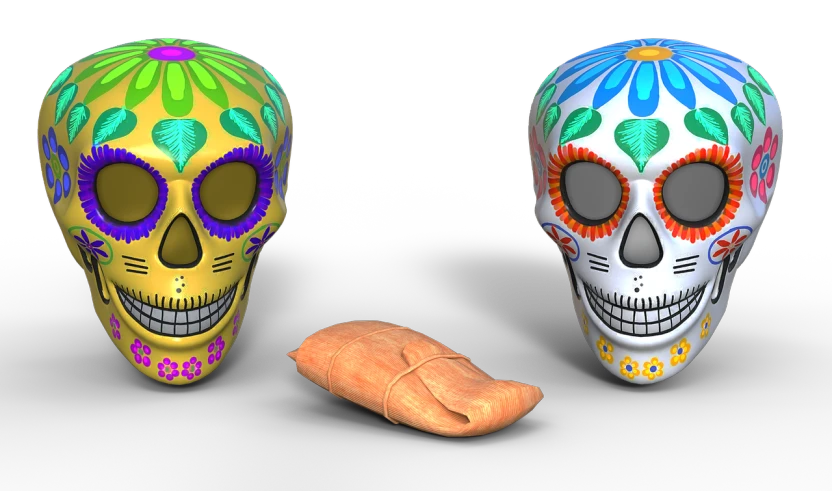 a couple of skulls sitting next to each other, a digital rendering, bread, mexican, fbx