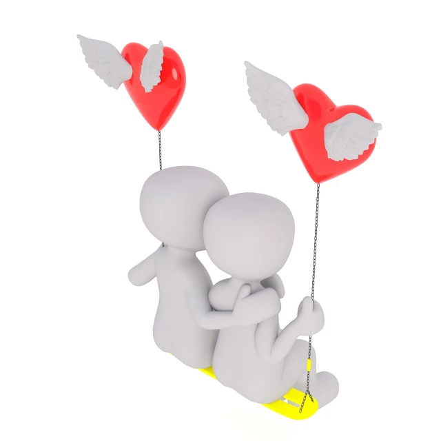a couple on a swing with a heart shaped balloon, a picture, figuration libre, 3 d model, with two pairs of wings, product introduction photo