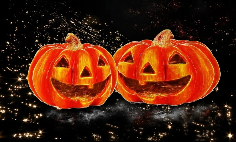 a couple of pumpkins sitting next to each other, digital art, pixabay, it glows from the outside, smiling, special effects, full body close-up shot