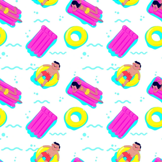 a group of people floating in an inflatable pool, concept art, by Olivia Peguero, tumblr, process art, seamless pattern, stylized neon, sunbathing. illustration, tubing