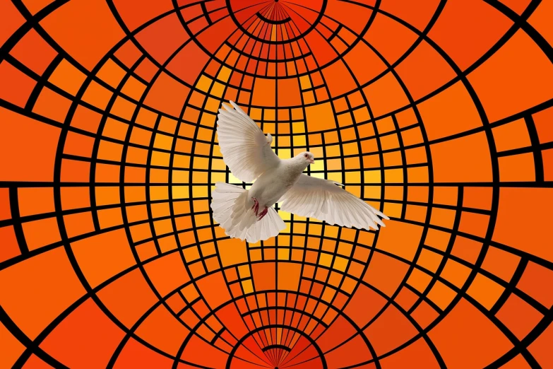a bird that is flying in the air, a stock photo, by Jon Coffelt, pixabay, art deco, holy place, grid and web, in front of an orange background, love peace and unity