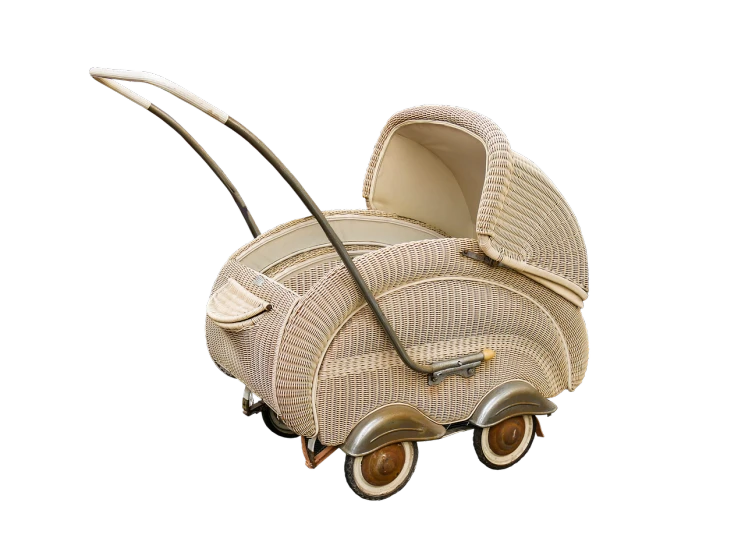 a close up of a baby stroller on a black background, by Jakob Häne, bauhaus, wicker art, rene lalique, ivory, tram