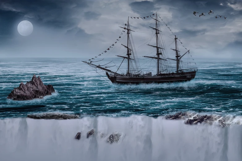 a large boat floating on top of a body of water, a digital rendering, pixabay contest winner, romanticism, the flying dutchman, wall of water either side, colonial exploration, wide shot!!!!!!