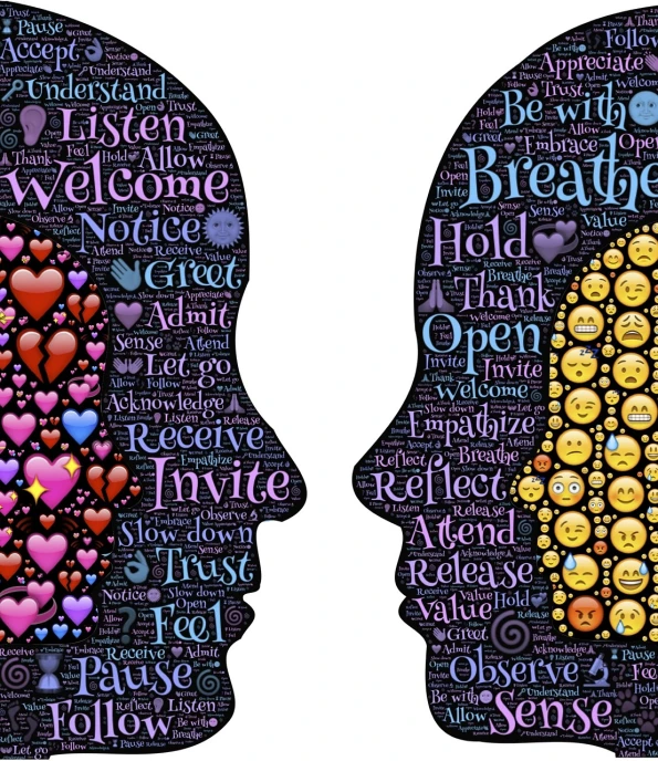 a couple of faces with words all over them, by Tom Phillips, shutterstock, conceptual art, psychedelic therapy, communication, hearts, breath taking