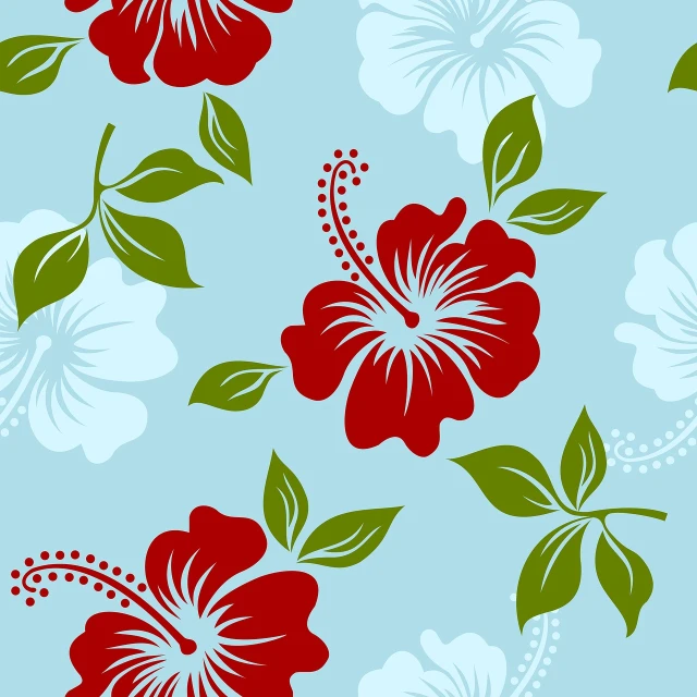 a pattern of red and white flowers on a blue background, vector art, hurufiyya, hibiscus flowers, sandra chevier, tourist destination, market