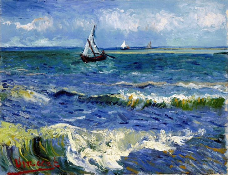 a painting of a sailboat in the ocean, an impressionist painting, shutterstock, sables crossed in background, coming ashore, azure waves of water, photo courtesy museum of art