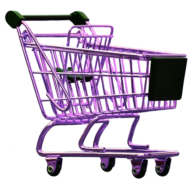 a purple shopping cart on a black background, a digital rendering, by Tom Carapic, realism, edited, exquisite detail, viewed from far away, black light
