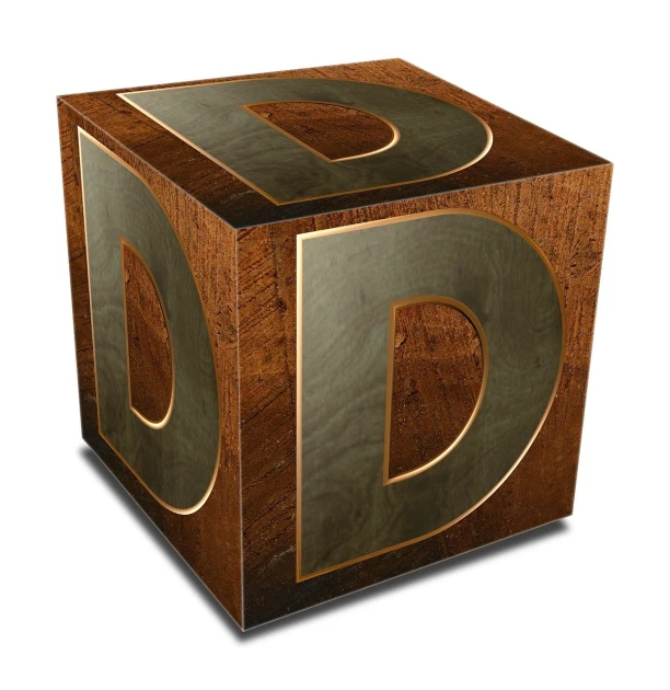 a wooden block with the letter d on it, a digital rendering, by David Burton-Richardson, deviantart, dada, 3 d metallic ceramic, box, professionally designed, merged