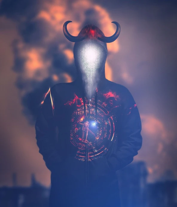 a man with a horned head wearing a hoodie, digital art, by Andrei Kolkoutine, tumblr, burning halo, lens flair, the destroyer of worlds, very accurate photo