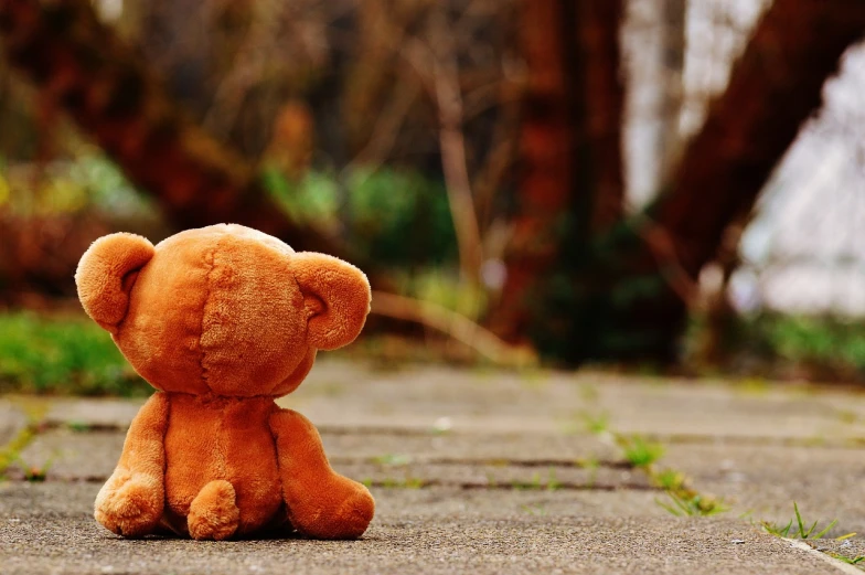 a brown teddy bear sitting on a sidewalk, a picture, by Toyen, trending on pixabay, background image, cute pocelain doll, in a desolate, wallpaper - 1 0 2 4