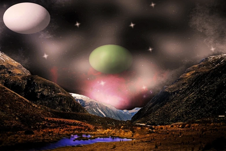 a view of a mountain range with a lake in the foreground, digital art, tumblr, digital art, floating planets and moons, out worldly colours, stars strange perspective, emtpy space