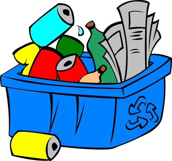 a blue trash can filled with lots of trash, an illustration of, organized, illustration!, test, vinyl