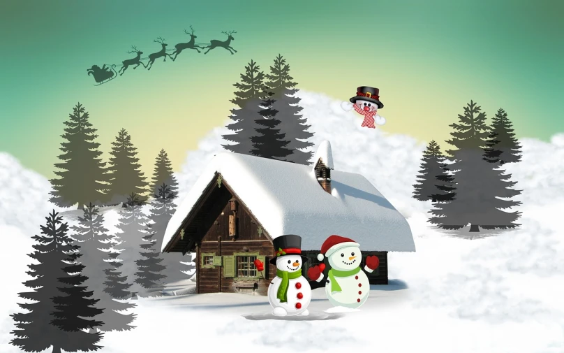 a couple of snowmen that are standing in the snow, concept art, by Zahari Zograf, pixabay, naive art, cabin in the woods, santa claus, digital collage, avatar image