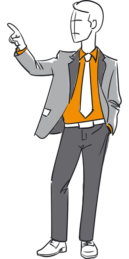 a man in a suit and tie pointing at something, concept art, inspired by Allen Jones, conceptual art, orange grey white, cartoon artstyle, standing with a black background, clear outfit design