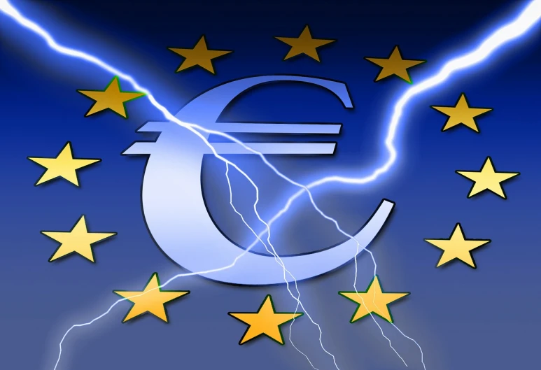 the euro symbol is surrounded by stars and lightning, stuckism, menacing!, phone wallpaper, bizarrrrre, full res