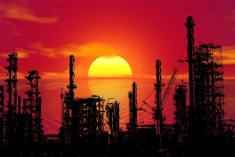 an oil refinery with the sun setting in the background, an illustration of, by John Murdoch, shutterstock, conceptual art, red sun over paradise, stock photo