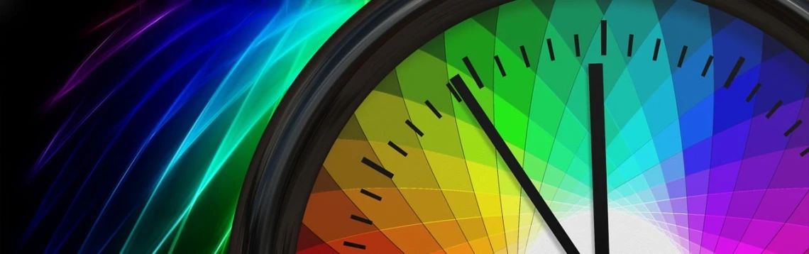 a close up of a colorful clock on a black background, synchromism, brand colours are green and blue, with a bright yellow aureola, gauges, coloured background