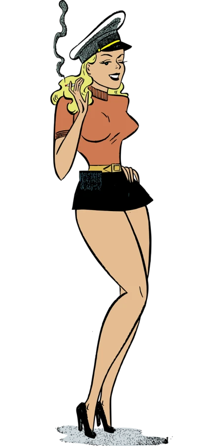 a woman in a sailor's outfit smoking a cigarette, inspired by Bruce Timm, on a flat color black background, wide hips, black canary, she is wearing a black tank top