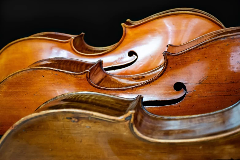 a close up of a violin on a black background, shutterstock, baroque, in a row, trio, of a old 18th century, clear curvy details