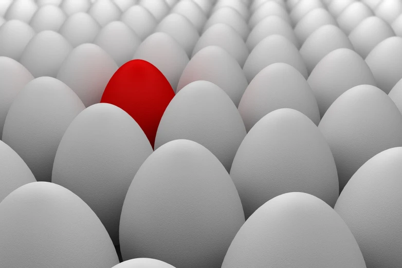 a red egg in a group of white eggs, digital art, dominating personality, red and grey only, in front of a large crowd, istockphoto