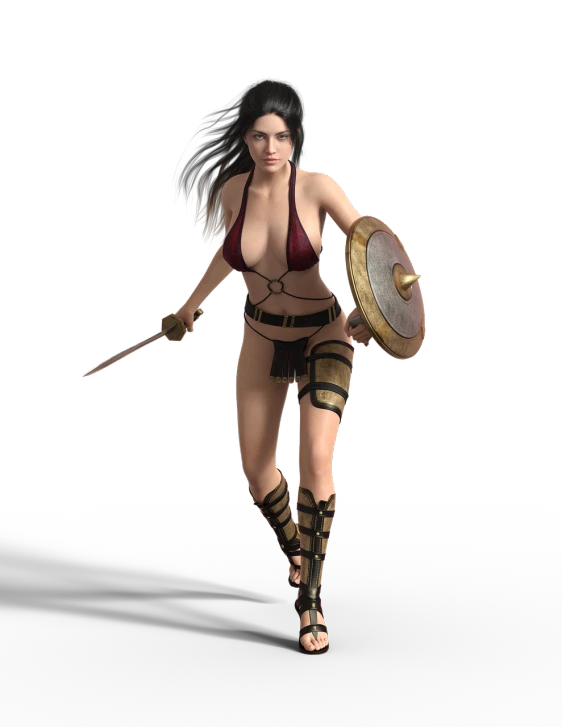 a woman in a bikini holding a sword and shield, deviantart contest winner, cgi cutscene, women full body, furious dark haired women, hq render