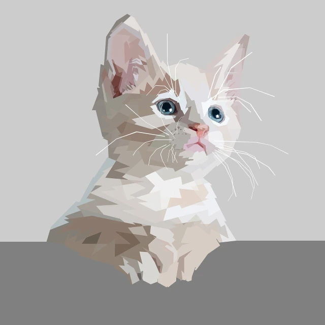 a close up of a cat with a gray background, a digital painting, low polygons illustration, color vector, albino, an oil painting of a kitten