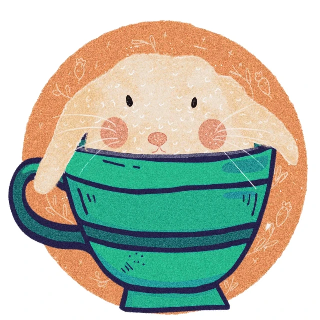 a drawing of a cat in a cup, a digital rendering, rabbit_bunny, flat colour, lop eared, accurate illustration