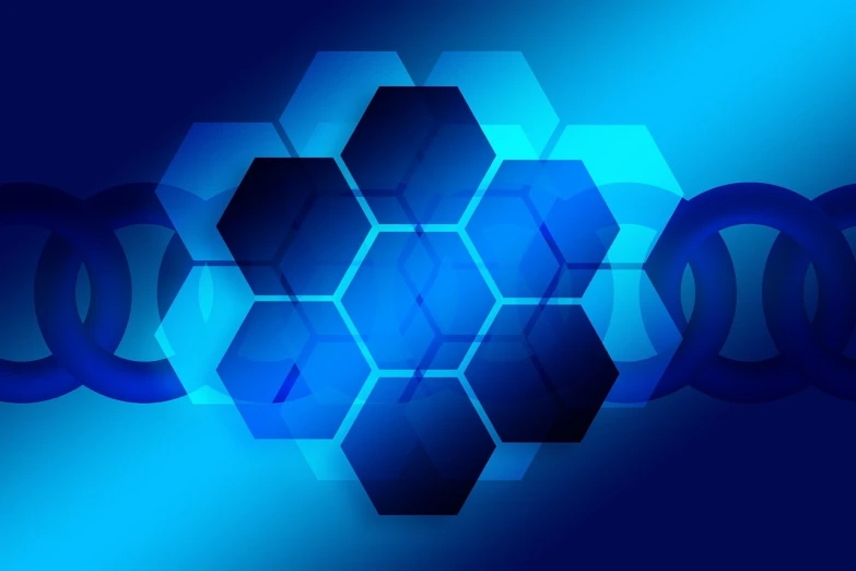 a bunch of hexagons on a blue background, vector art, overlapping layers, an abstract spiritual background, modern very sharp photo