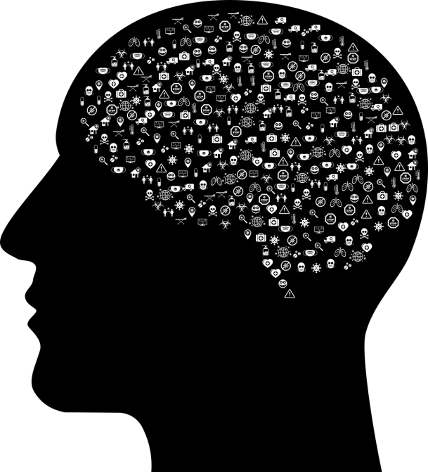 a brain made up of icons on a black background, by Andrei Kolkoutine, black on white background, crowds, wallpaper mobile, 4 0 k