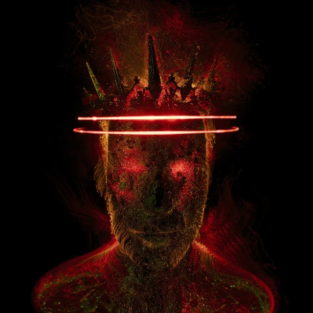 a man with a crown on his head, inspired by Mike Winkelmann, digital art, red neon details, expert light effects on figure, queen of hell, made from million point clouds