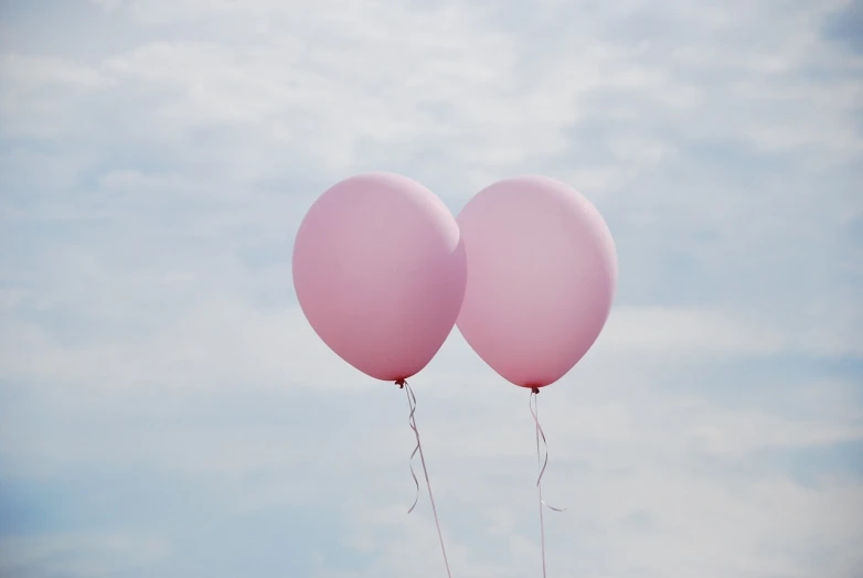 a couple of pink balloons floating in the air, a picture, aestheticism, pale sky, birthday, adult pair of twins, pale colors