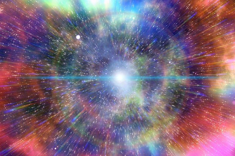 a colorful space filled with lots of stars, an illustration of, light and space, time vortex in the background, volumetric god rays, infinite in extent, an explosion