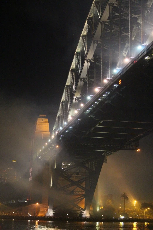 a bridge over a body of water at night, a picture, happening, mist below buildings, australian winter night, medium closeup, high bridges