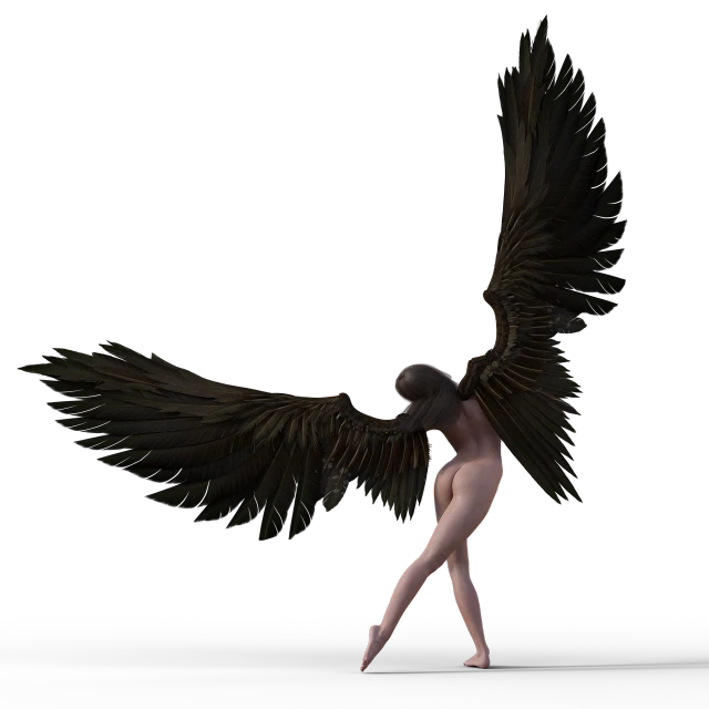 an image of a woman with wings in the air, a 3D render, inspired by Roberto Ferri, dark black porcelain skin, fullbody view, bird legs, 3d render of a man's body