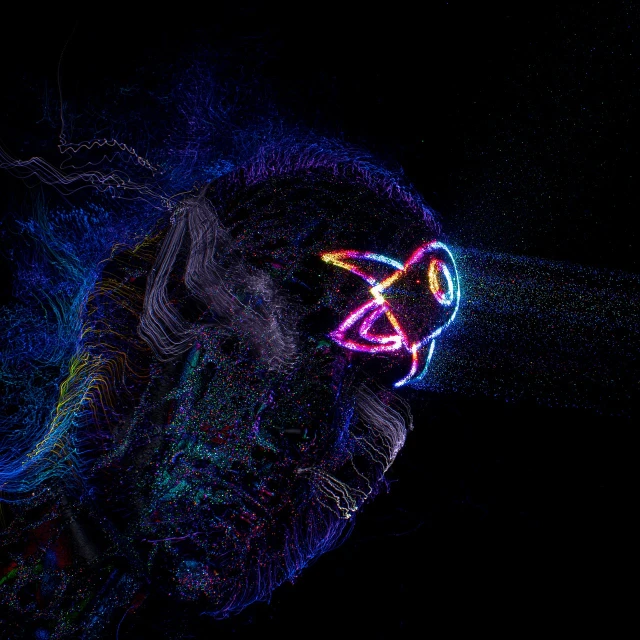 a close up of a person wearing a neon mask, by Jan Rustem, generative art, neon cross, taken with canon 5d mk4, fiberoptic hair, male with halo