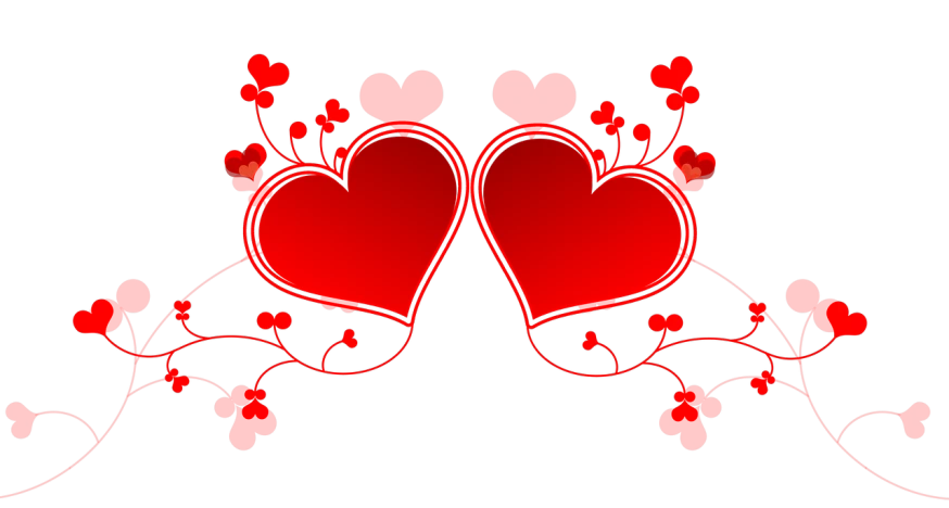 a couple of red hearts sitting next to each other, a digital rendering, romanticism, with black vines, on a flat color black background, mirrored, clover