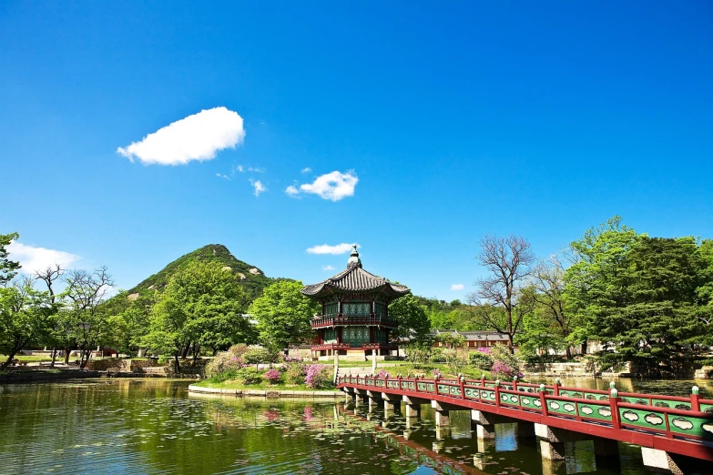 a bridge over a body of water with a pagoda in the background, a picture, inspired by Byeon Sang-byeok, shutterstock, sunny day in a park, mobile wallpaper, very very very beautiful scenery, ( visually stunning