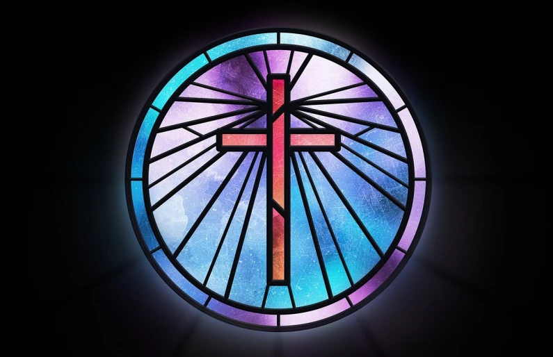 a stained glass window with a cross on it, an illustration of, by Robert Richenburg, shutterstock, purple and blue neon, round-cropped, painted in high resolution, simple illustration