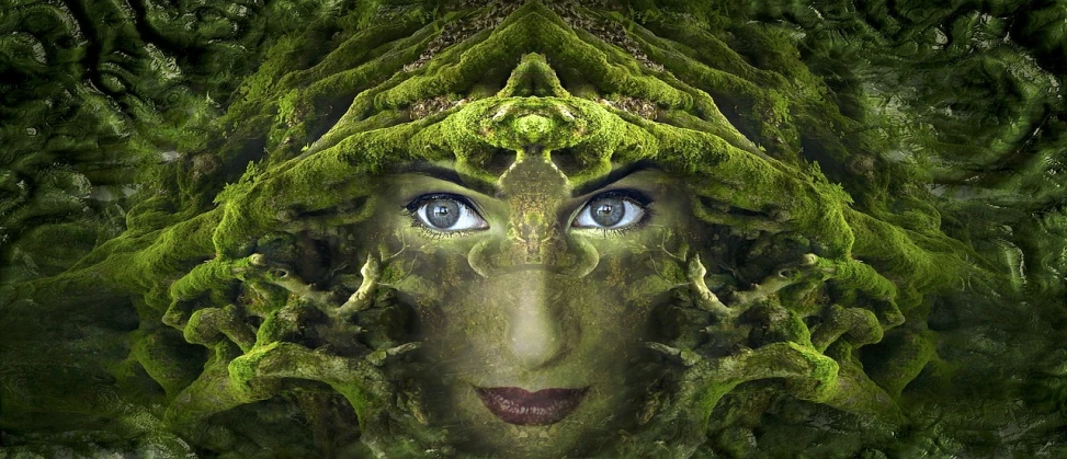 a woman's face is covered in moss, digital art, inspired by Igor Morski, pixabay contest winner, digital art, symmetrical portrait rpg avatar, in a fractal forest, !5 three eyed goddesses, shpongle