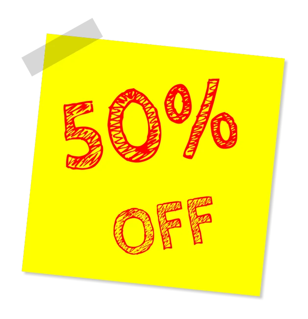 a piece of paper with the words 50 % off written on it, digital art, by artist, pixabay, ink on post it note, cartoon style illustration, black. yellow, sticker illustration