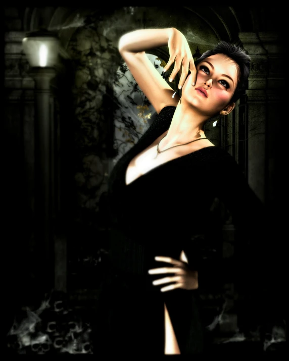 a woman in a black dress posing for a picture, a digital rendering, inspired by Horst Antes, trending on cg society, gothic art, glamorous tifa lockheart, classic dancer striking a pose, vesper lynd from casino royale, doing an elegant pose over you