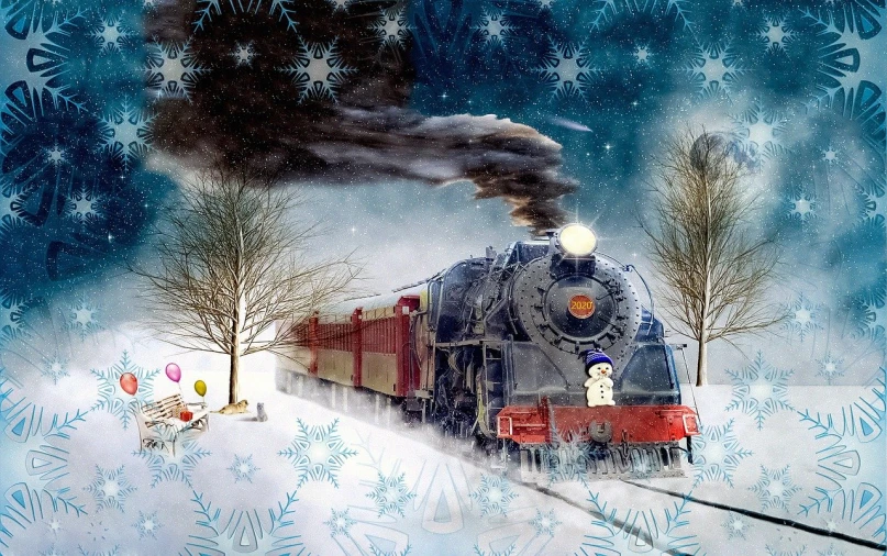 a train traveling through a snow covered forest, a picture, by Lucia Peka, digital art, happy birthday, kid, steam, omg