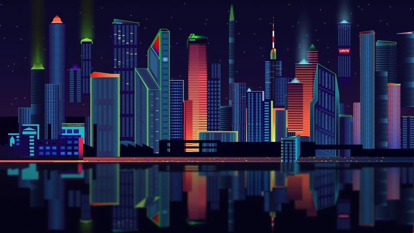 a city at night with neon lights reflecting in the water, digital art, inspired by James Gilleard, behance contest winner, pixel art animation, photography of kurzgesagt, skyscapers, amoled wallpaper