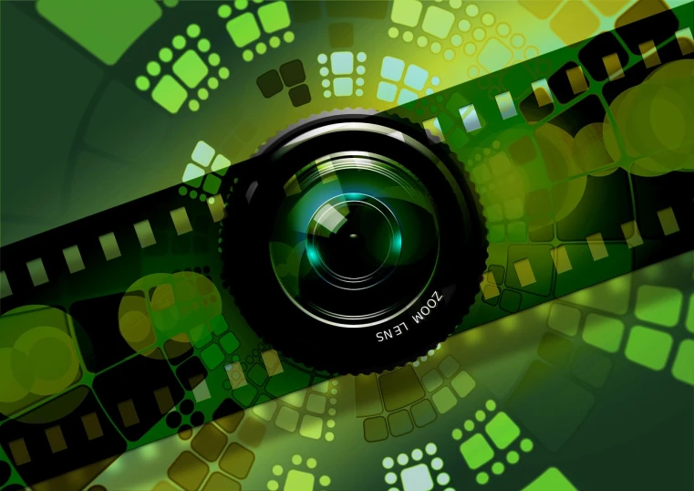 a camera lens sitting on top of a film strip, a picture, digital art, night vision, green screen background, fish eye lens, computer vision