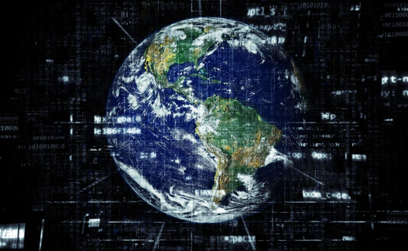 a computer generated image of the earth, a digital rendering, digital art, large cyberarrays data holograms, flash photo, cyber - punk background, document photo