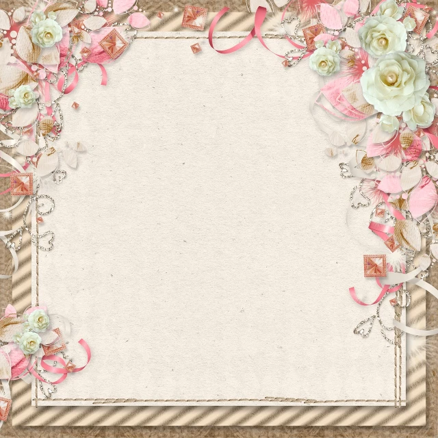 a picture frame with pink and white flowers, inspired by Cindy Wright, tumblr, baroque, textured parchment background, golden ribbons, glitter background, calligraphy border