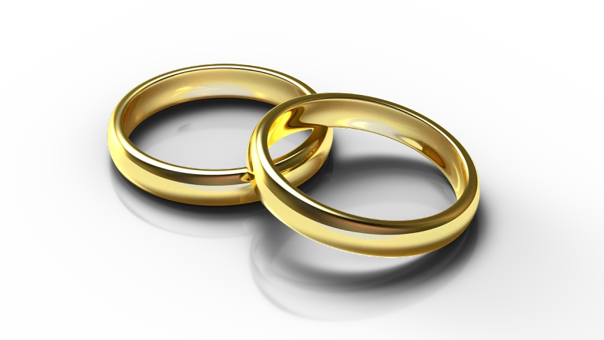 two gold wedding rings on a black background, a digital rendering, by David Burton-Richardson, hurufiyya, full res, celebrating an illegal marriage, link, love is begin of all