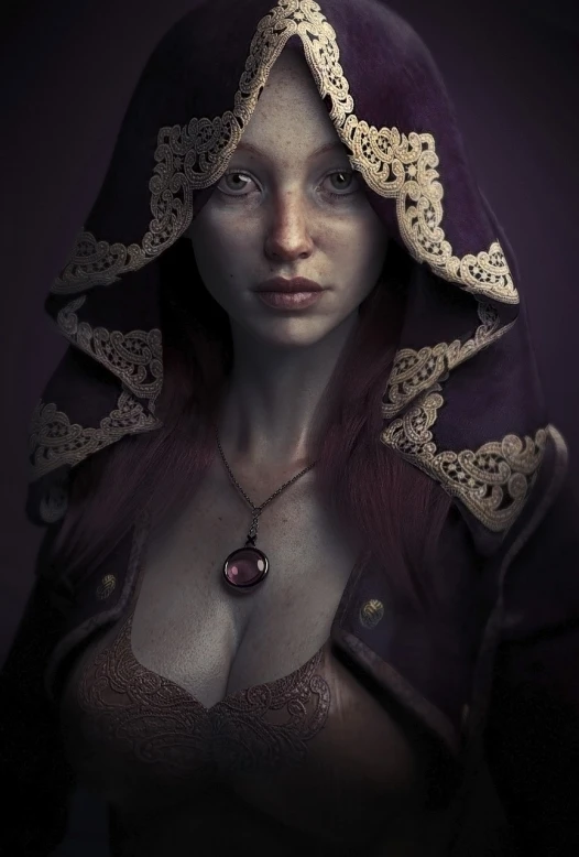 a close up of a woman with a hood over her head, inspired by WLOP, fantasy art, in dark purple robes, very detailed digital art, in style of tom bagshaw, stefan gesell