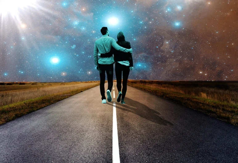 a man and a woman are walking down the road, digital art, by Mirko Rački, tumblr, digital art, cosmic stars, happy couple, at the end of the universe, back to us