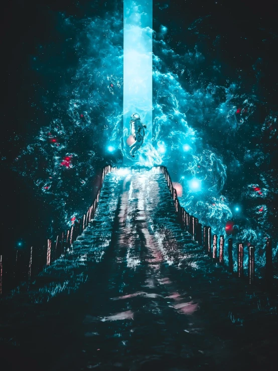 a man standing on top of a bridge in the middle of a forest, digital art, by Beeple, epic cold blue lighting, stairs from hell to heaven, dark abstract background, high quality fantasy stock photo